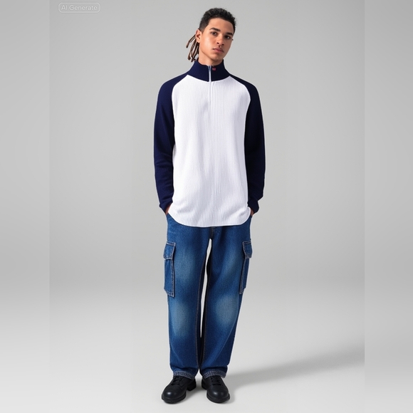 Ralph Lauren Vintage 80s‎ White and Blue Zip Turtleneck Sweater